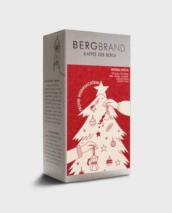Produktfoto der Kaffeeverpackung für den Kaffee URPSRUNG in der Weihnachtsedition. Design zeigt einen illustrierten Weihnachtsbaum