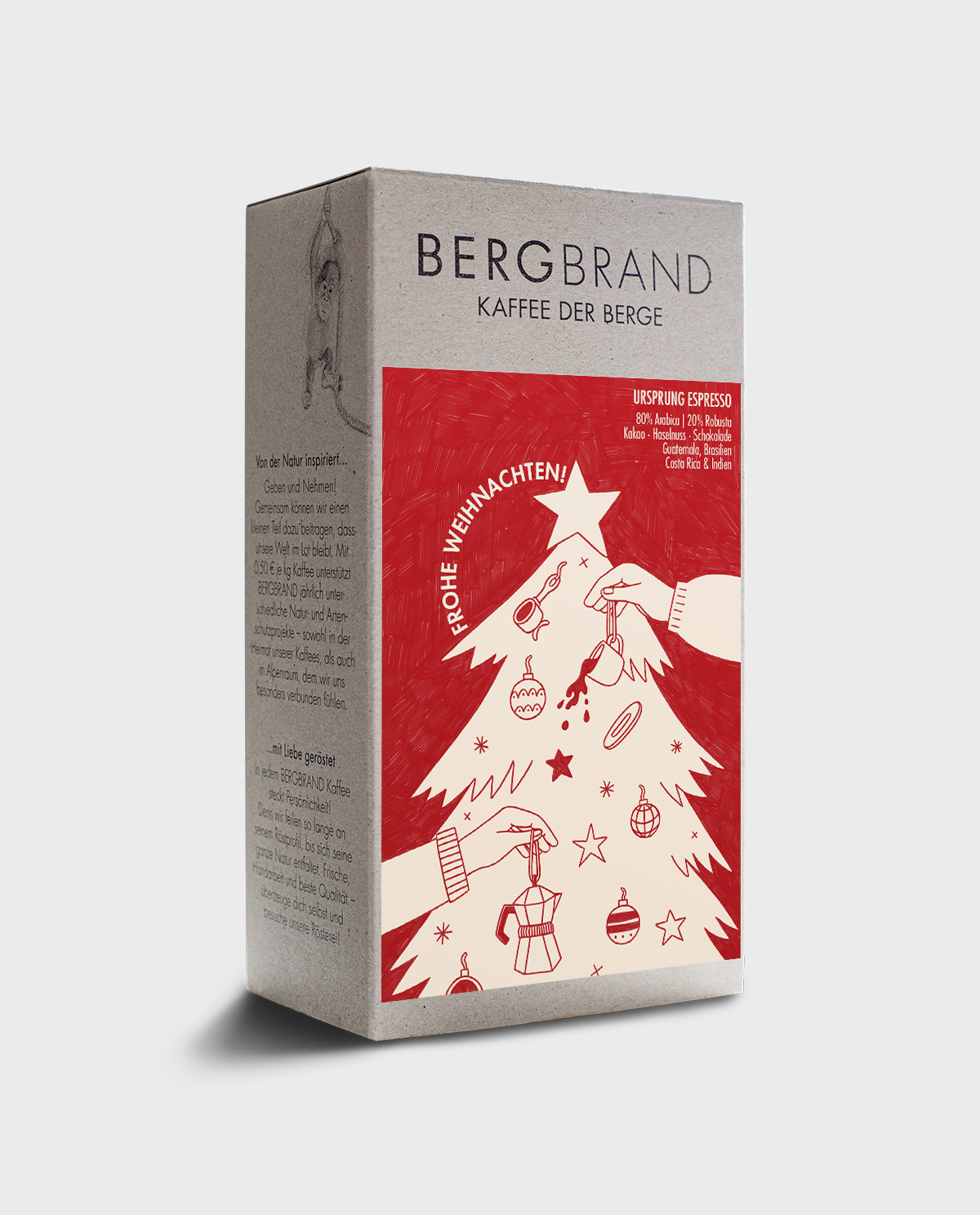 Produktfoto der Kaffeeverpackung für den Kaffee URPSRUNG in der Weihnachtsedition. Design zeigt einen illustrierten Weihnachtsbaum