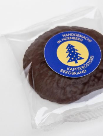 Schokoladen Lebkuchen einzeln verpackt Aufkleber mit Tannenbaum für Kaffeerösterei Bergbrand Handgemacht in Nürnberg